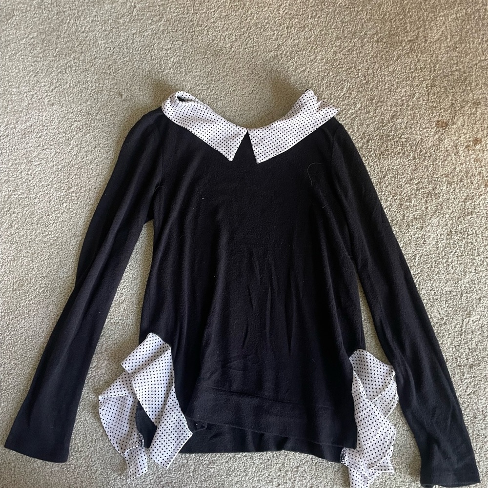 Black Long Sleeve Top with Polka Dot Collar and Ruffles